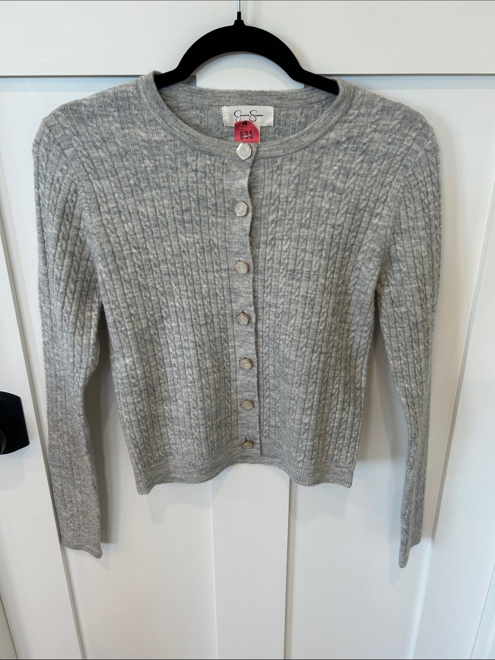Women’s Gray Cardigan with Gold/Marble Style Button (Size Medium)